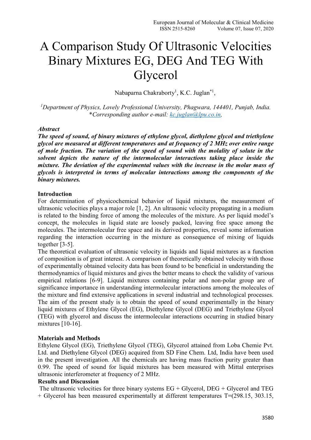 A Comparison Study of Ultrasonic Velocities Binary Mixtures EG, DEG and TEG with Glycerol