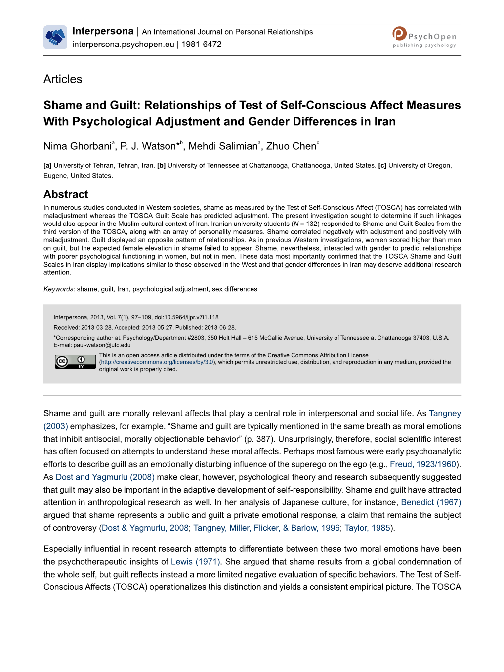 Shame and Guilt: Relationships of Test of Self-Conscious Affect Measures with Psychological Adjustment and Gender Differences in Iran