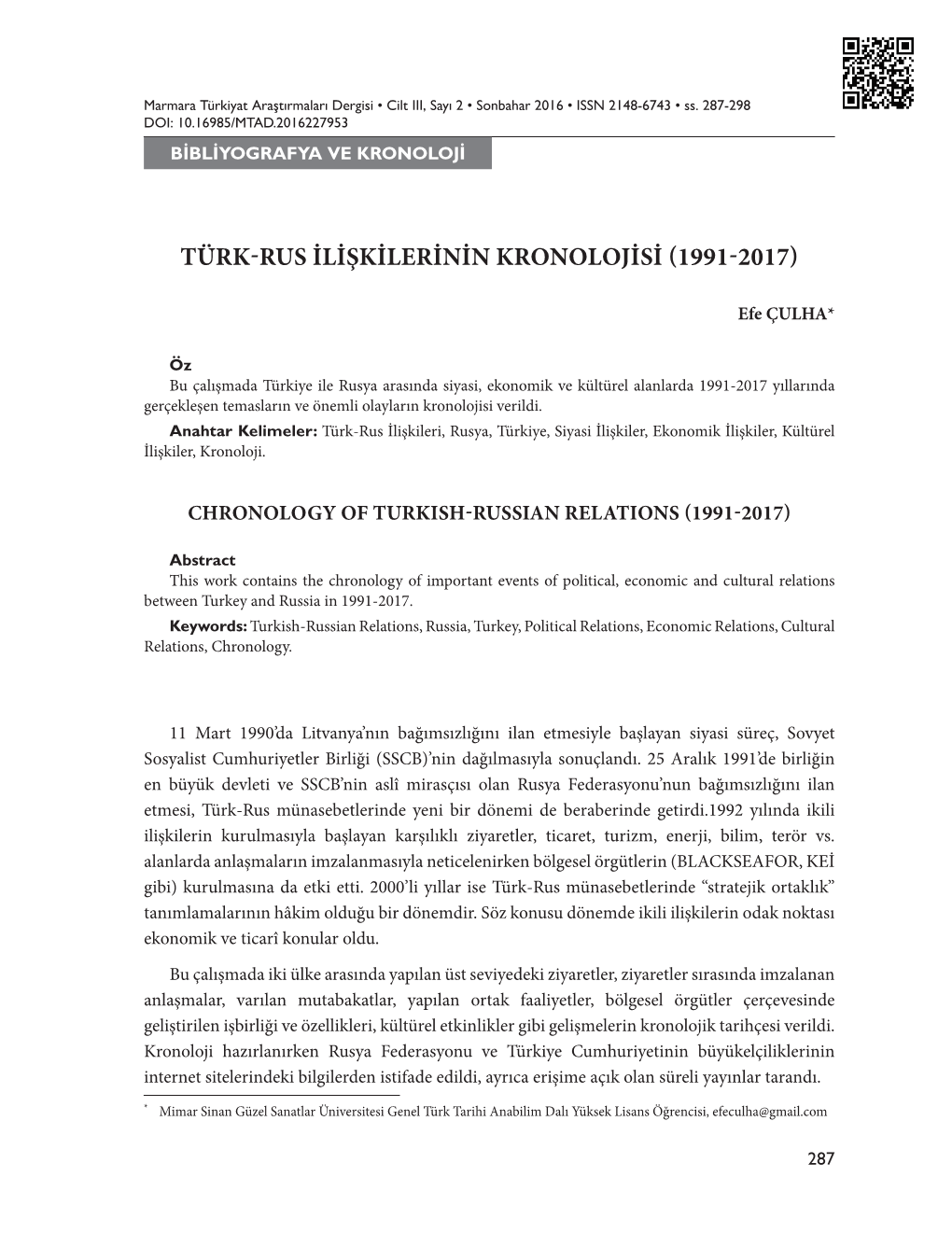 Türk-Rus İlişkilerinin Kronolojisi (1991-2017)