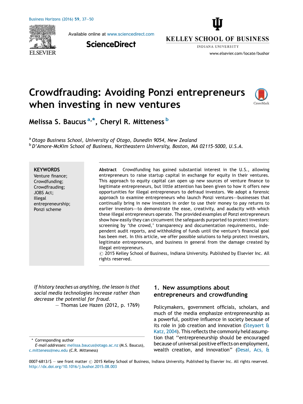 Crowdfrauding: Avoiding Ponzi Entrepreneurs When Investing in New Ventures 39