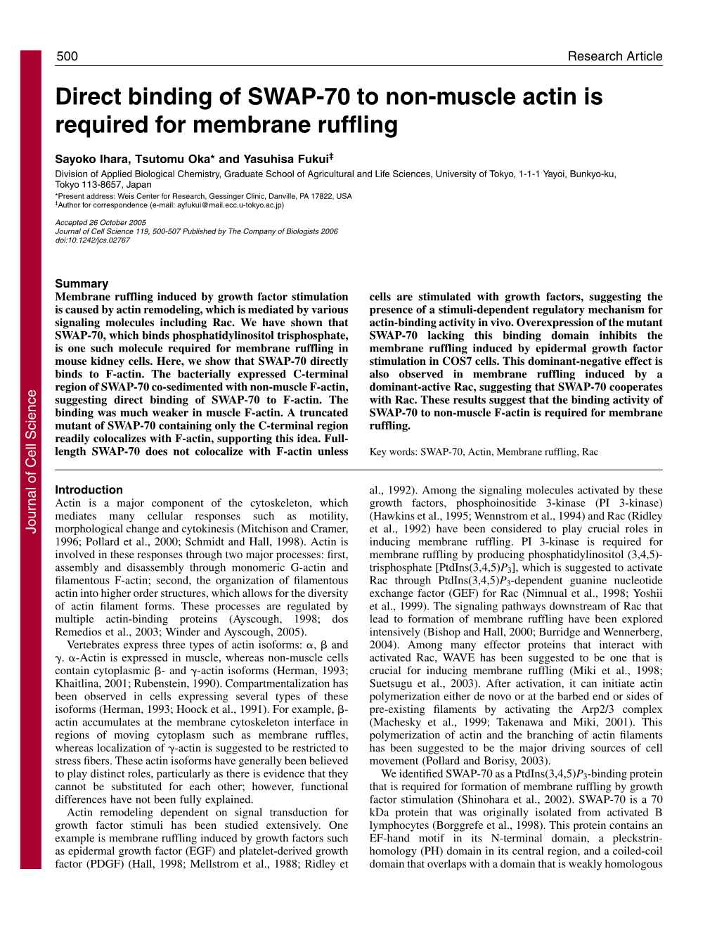 Direct Binding of SWAP-70 to Non-Muscle Actin Is Required for Membrane Ruffling