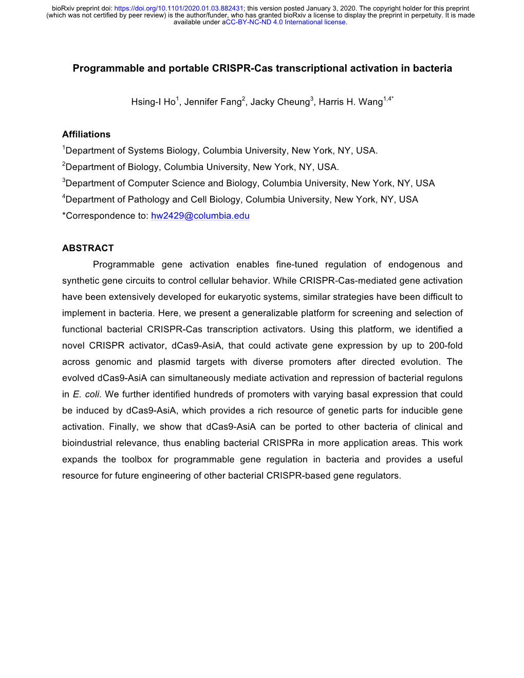 Programmable and Portable CRISPR-Cas Transcriptional Activation in Bacteria