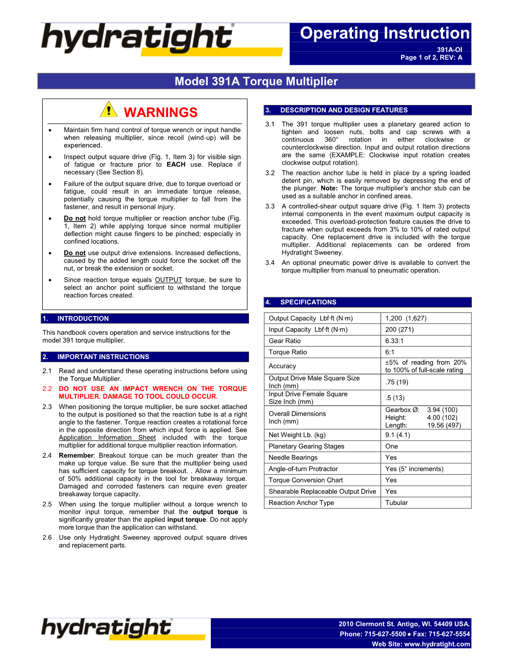 391A Torque Multiplier Operating Manual