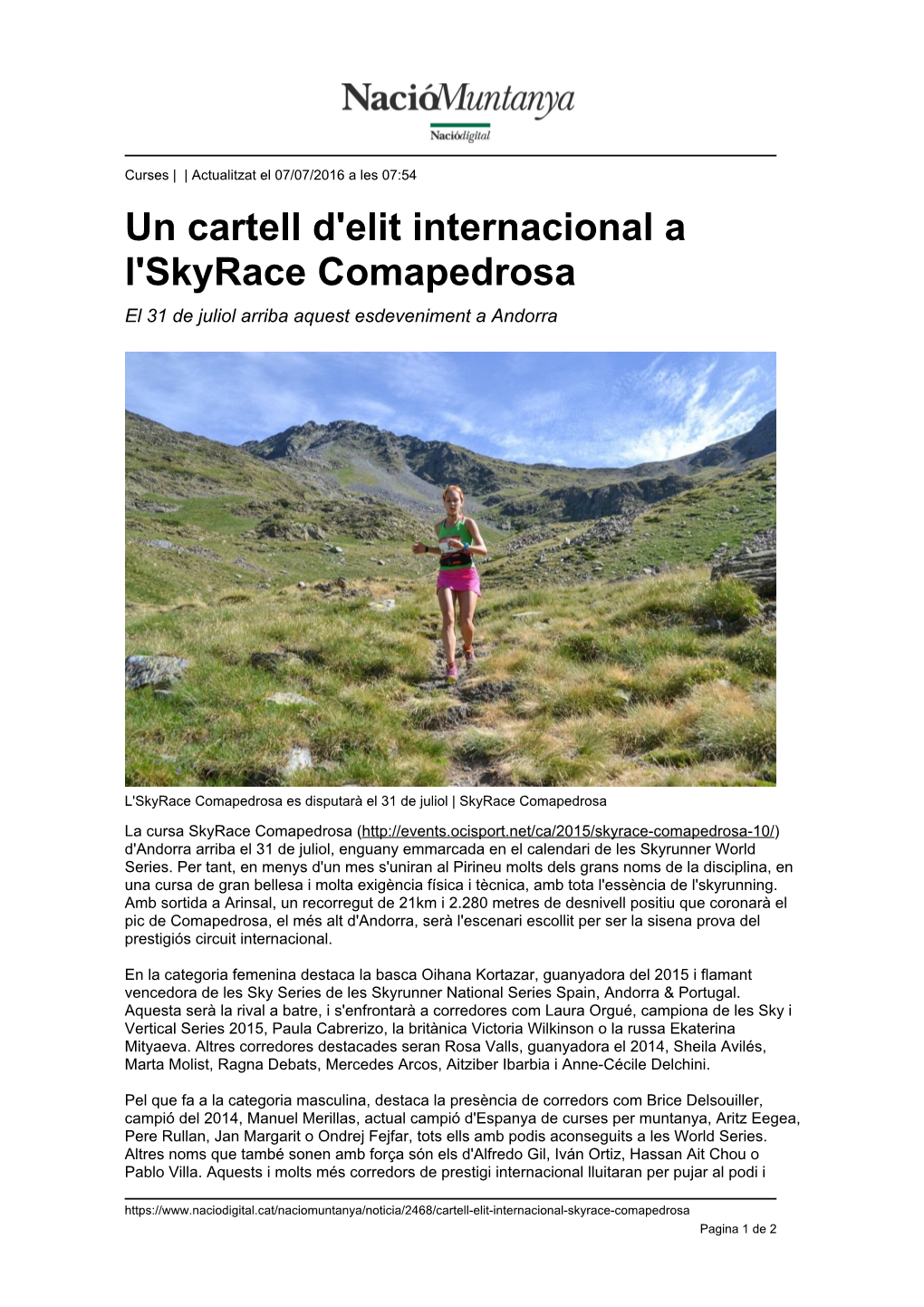 Un Cartell D'elit Internacional a L'skyrace Comapedrosa El 31 De Juliol Arriba Aquest Esdeveniment a Andorra