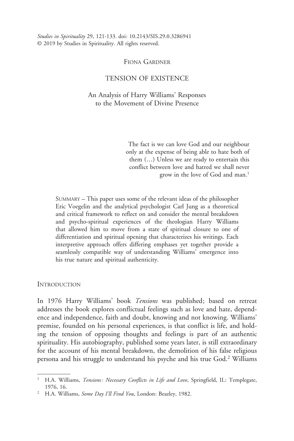 TENSION of EXISTENCE an Analysis of Harry Williams