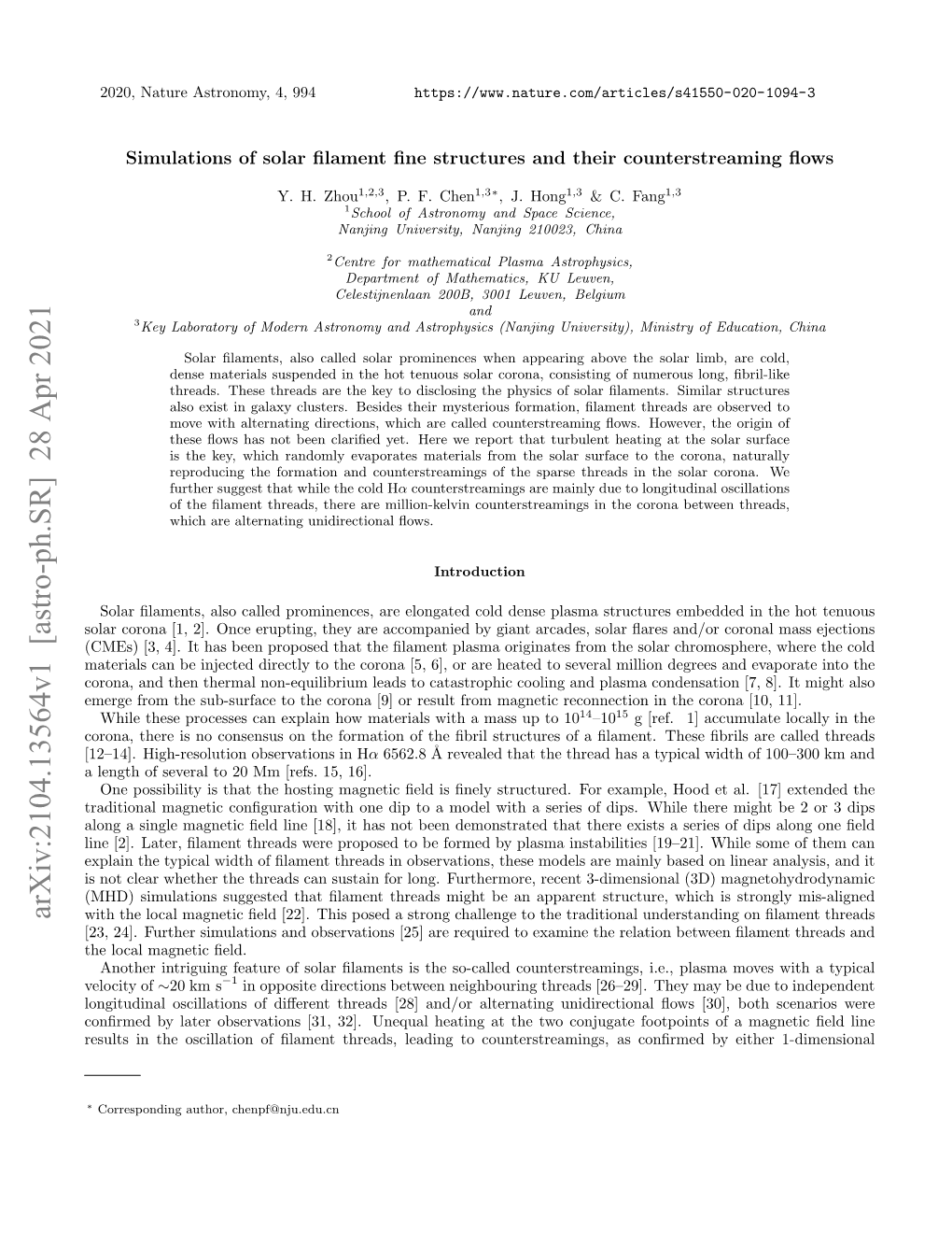 Arxiv:2104.13564V1 [Astro-Ph.SR] 28 Apr 2021 with the Local Magnetic ﬁeld [22]