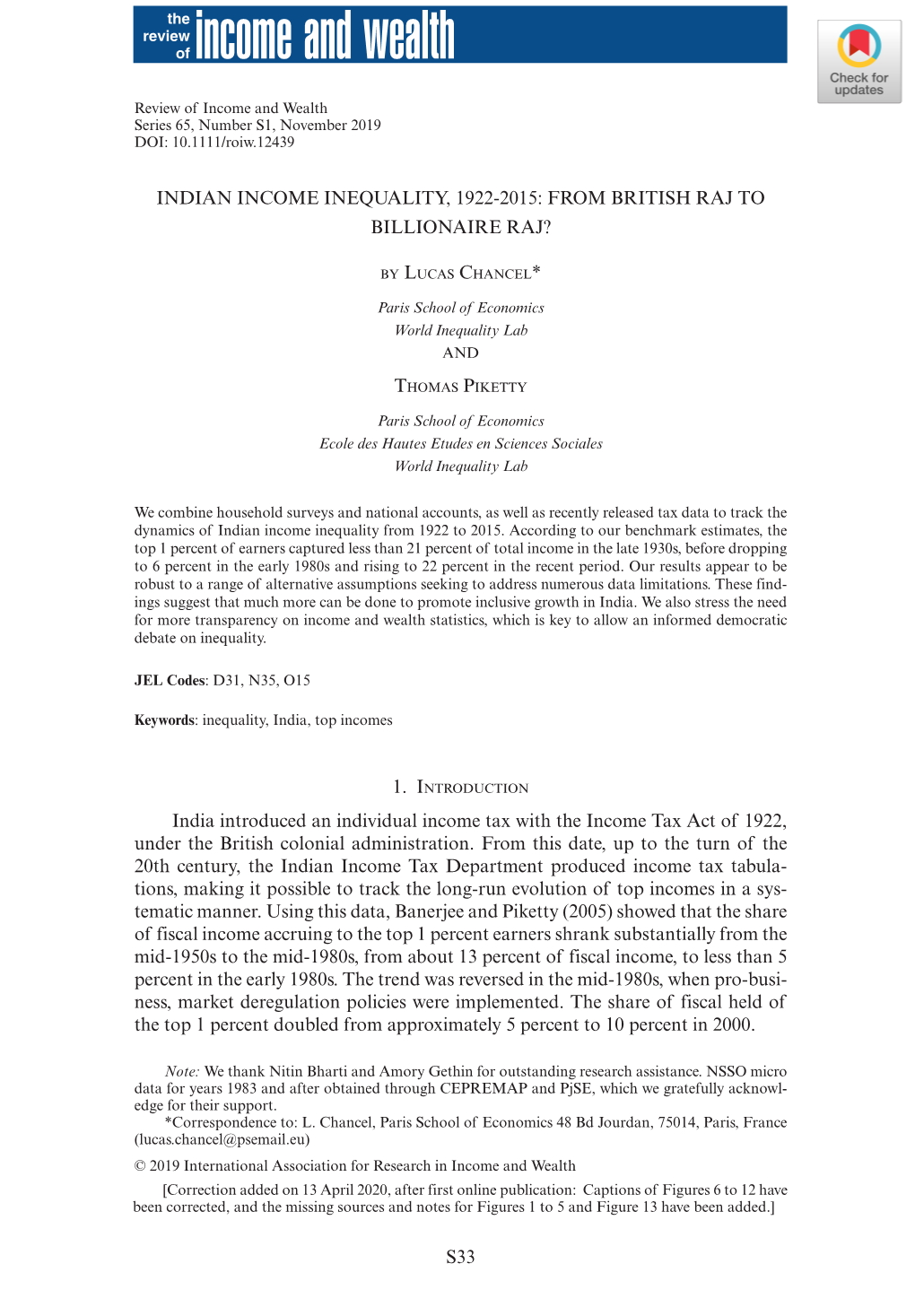 Indian Income Inequality, 1922‐2015: from British Raj to Billionaire Raj?