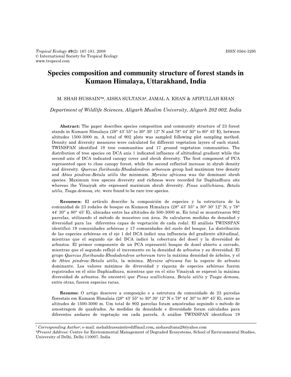 Species Composition and Community Structure of Forest Stands in Kumaon Himalaya, Uttarakhand, India