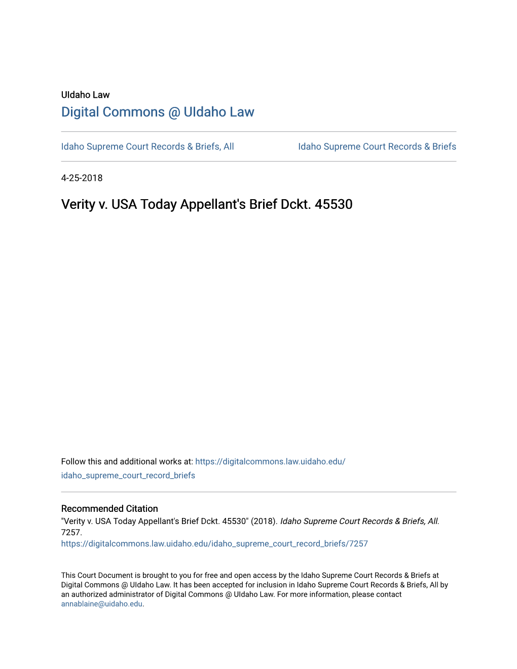 Verity V. USA Today Appellant's Brief Dckt. 45530