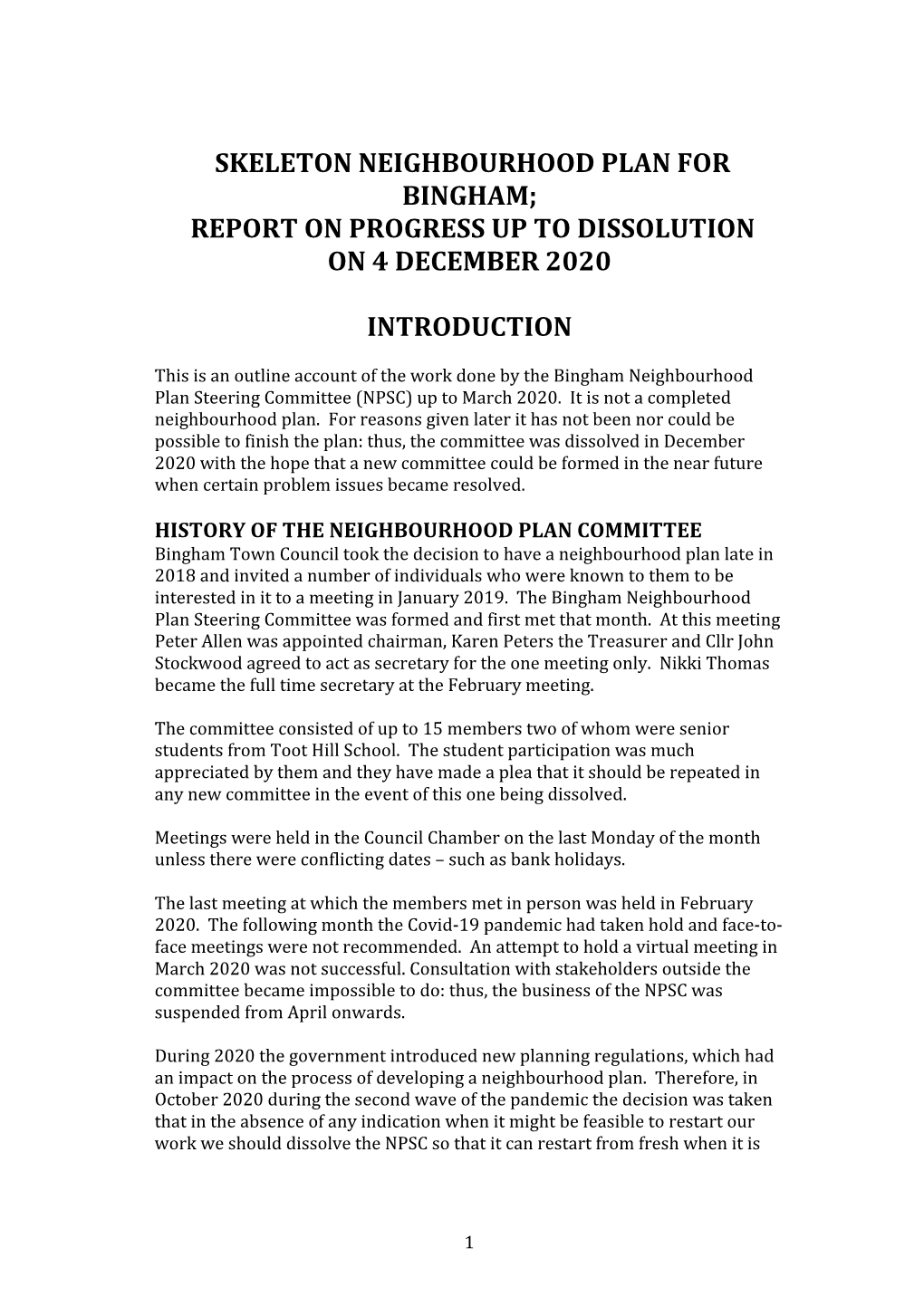Skeleton Neighbourhood Plan for Bingham; Report on Progress up to Dissolution on 4 December 2020
