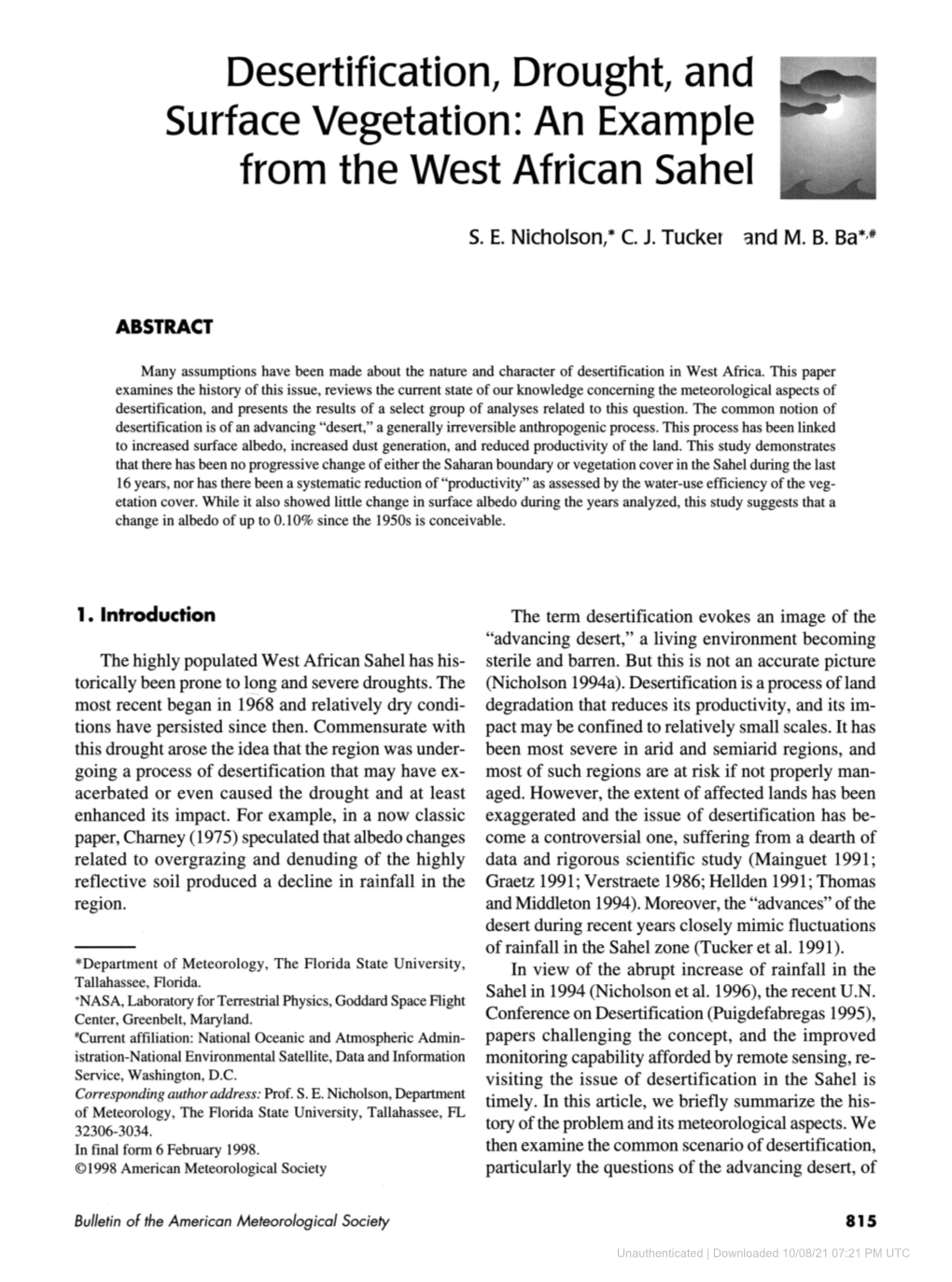 Desertification, Drought, and ^Mm. Surface Vegetation: an Example ^ from the West African Sahel ^ ^