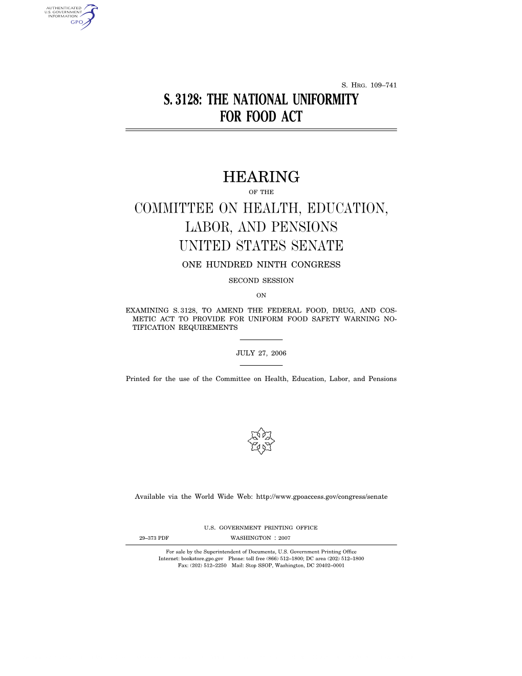 S. 3128: the National Uniformity for Food Act