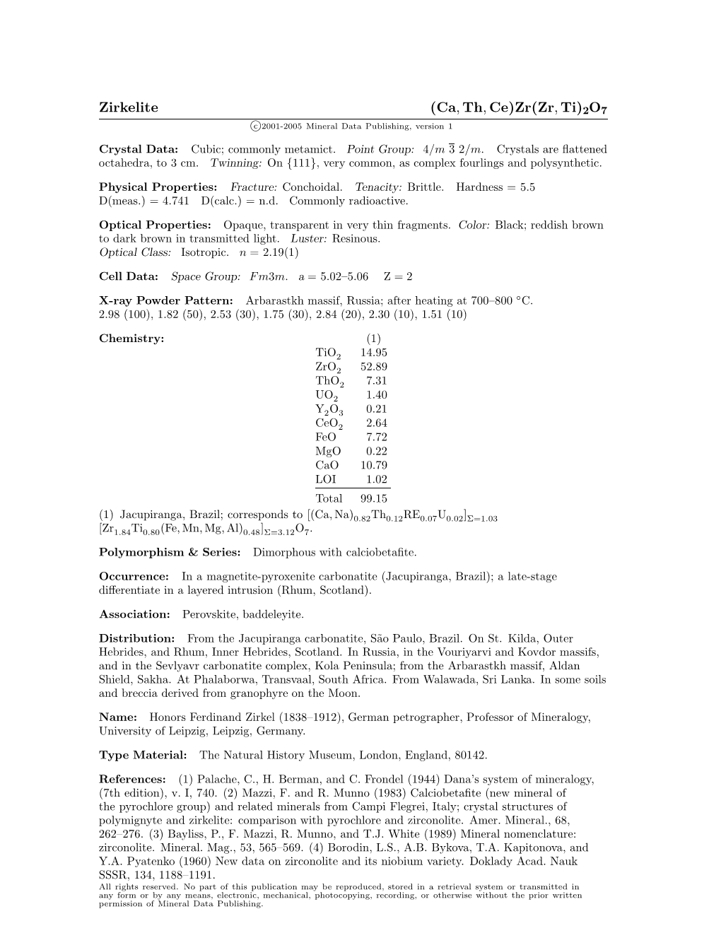 Zirkelite (Ca, Th, Ce)Zr(Zr, Ti)2O7 C 2001-2005 Mineral Data Publishing, Version 1