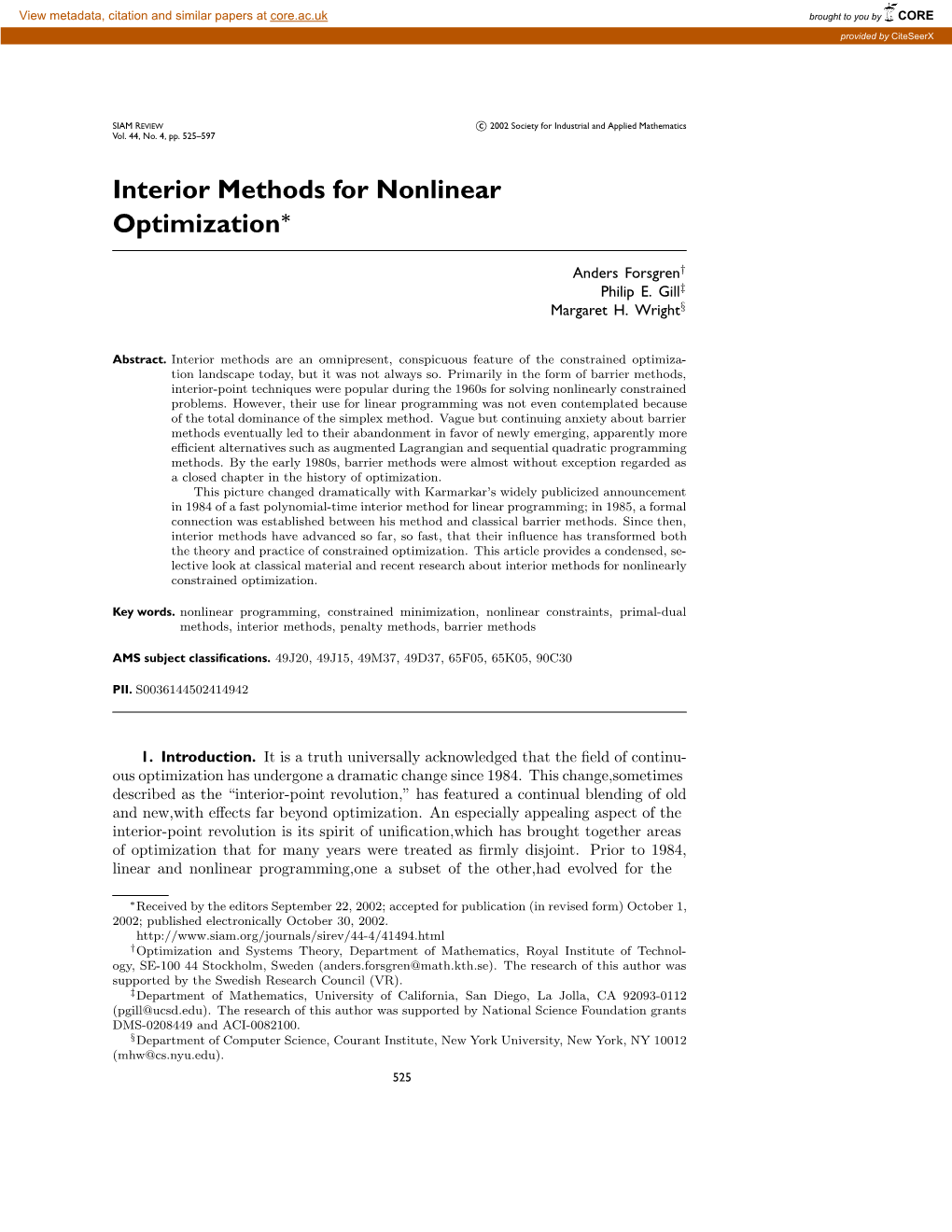 Interior Methods for Nonlinear Optimization∗