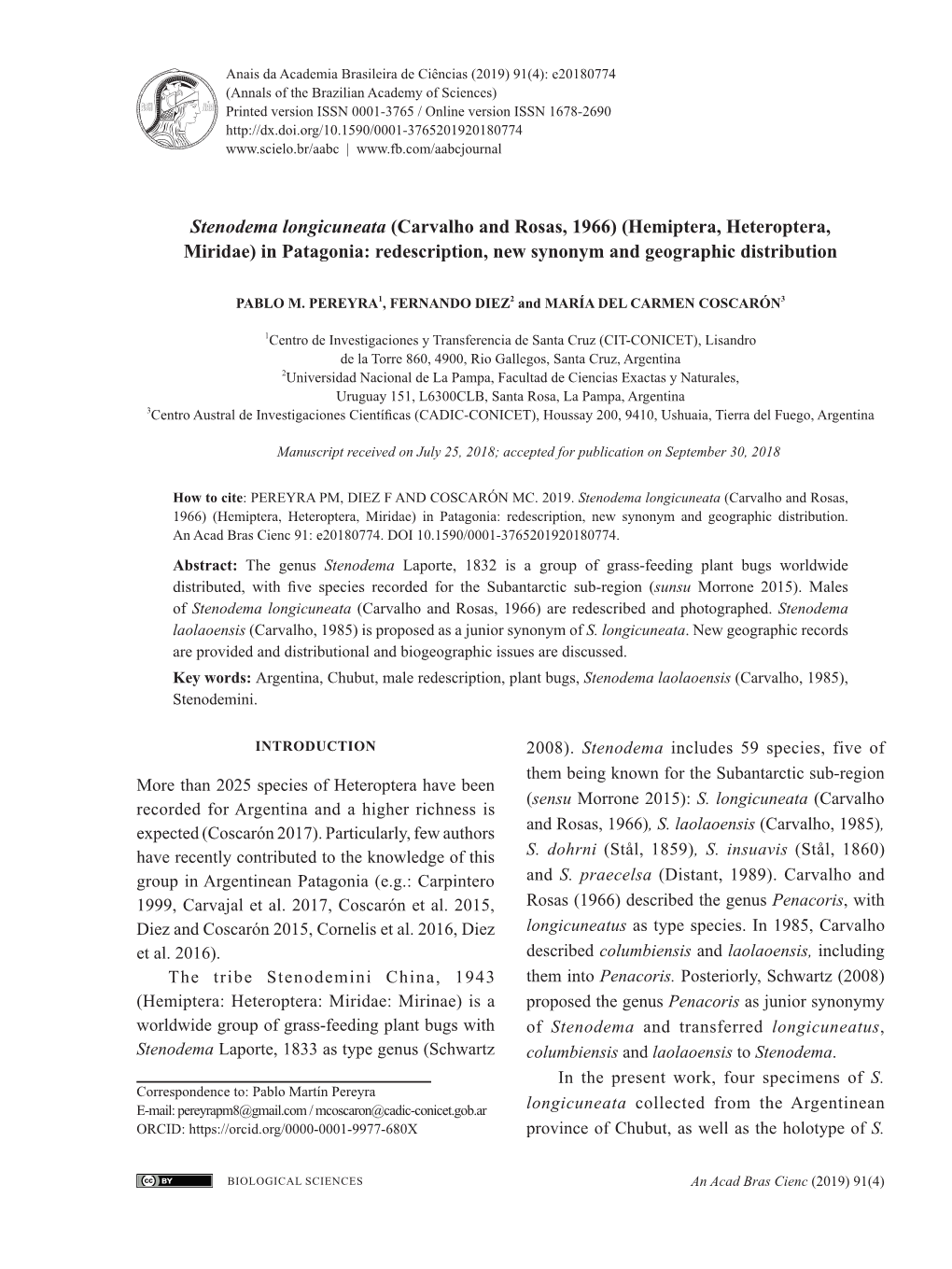 Stenodema Longicuneata (Carvalho and Rosas, 1966) (Hemiptera, Heteroptera, Miridae) in Patagonia: Redescription, New Synonym and Geographic Distribution