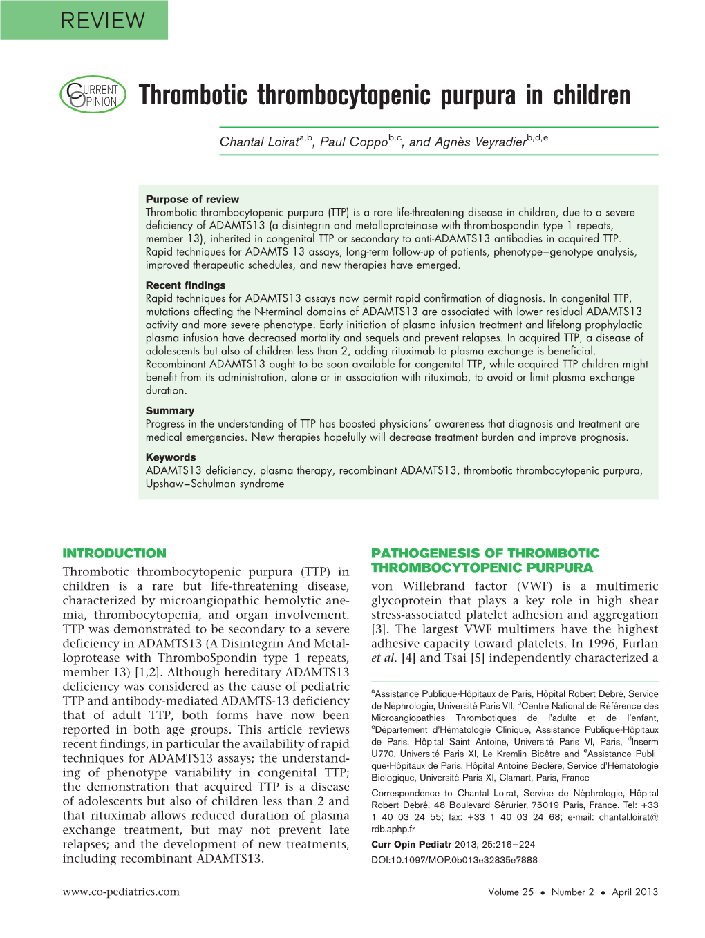 Thrombotic Thrombocytopenic Purpura in Children