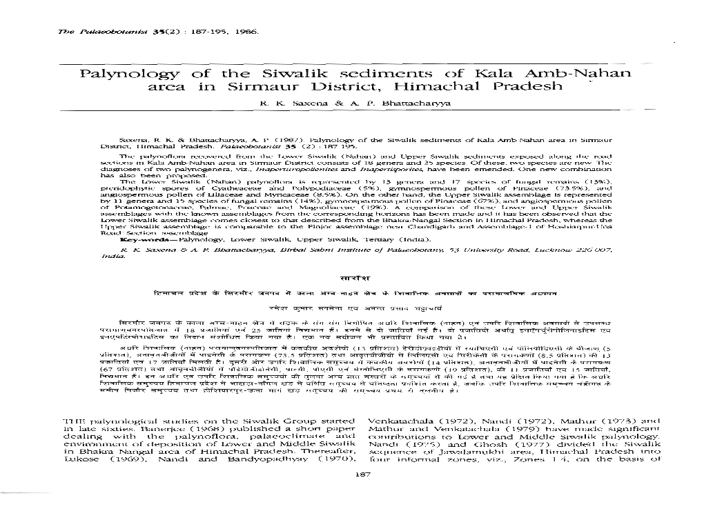 Palynology of the Siwalik Sediments of Kala Amb-Nahan Area in Sirmaur District, Himachal Pradesh