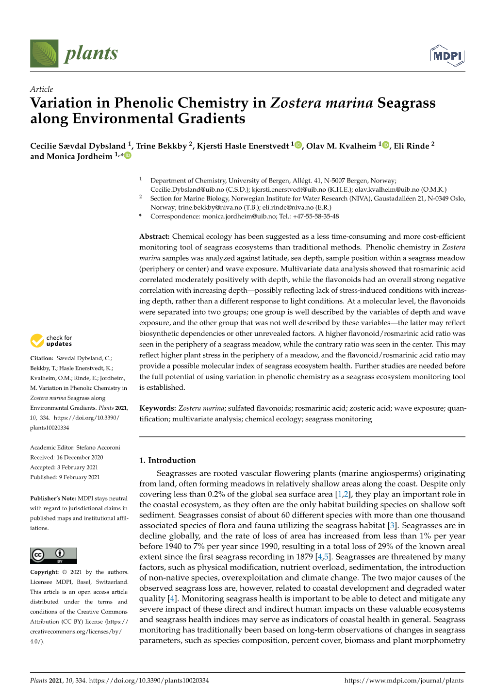 Variation in Phenolic Chemistry in Zostera Marina Seagrass Along Environmental Gradients