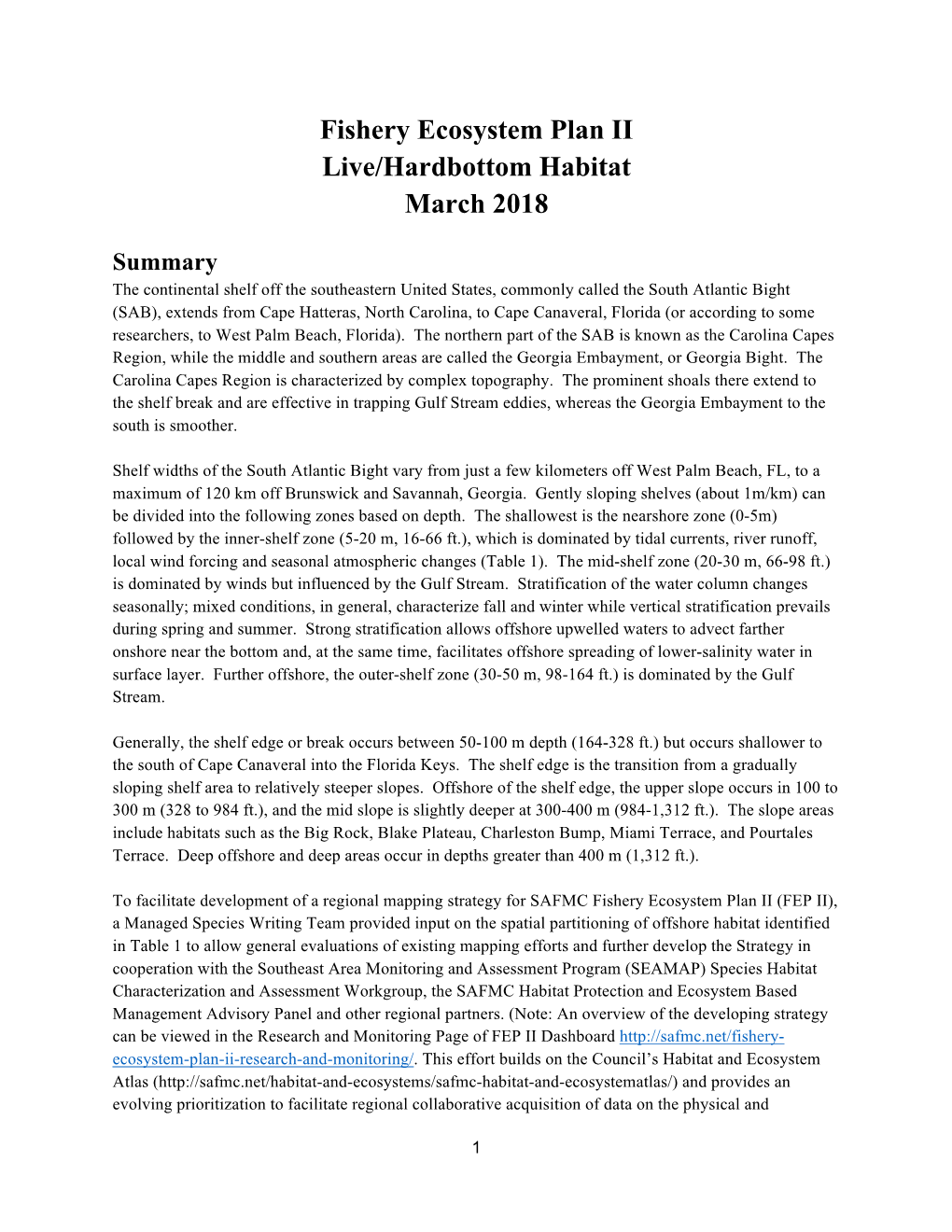 Fishery Ecosystem Plan II Live/Hardbottom Habitat March 2018
