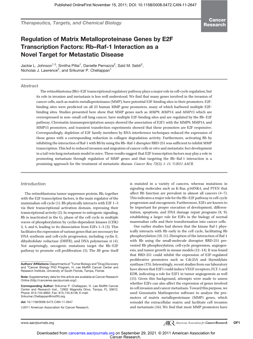 Regulation of Matrix Metalloproteinase Genes by E2F Transcription Factors: Rb–Raf-1 Interaction As a Novel Target for Metastatic Disease