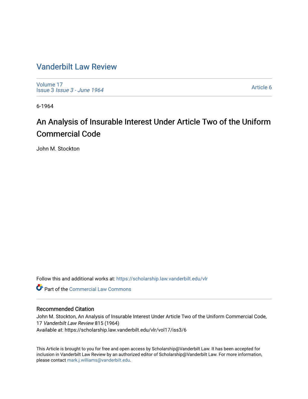 An Analysis of Insurable Interest Under Article Two of the Uniform Commercial Code