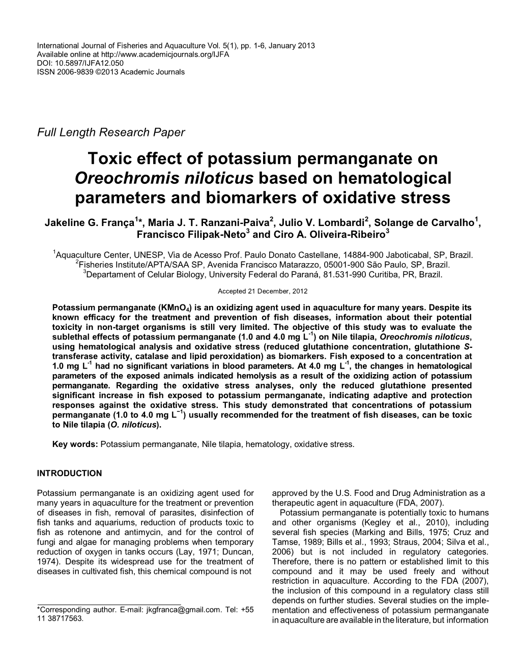 Toxic Effect of Potassium Permanganate on Oreochromis Niloticus Based on Hematological Parameters and Biomarkers of Oxidative Stress