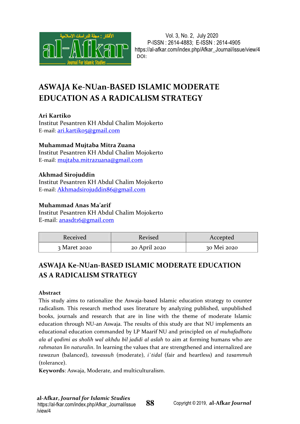 ASWAJA Ke-Nuan-BASED ISLAMIC MODERATE EDUCATION AS a RADICALISM STRATEGY