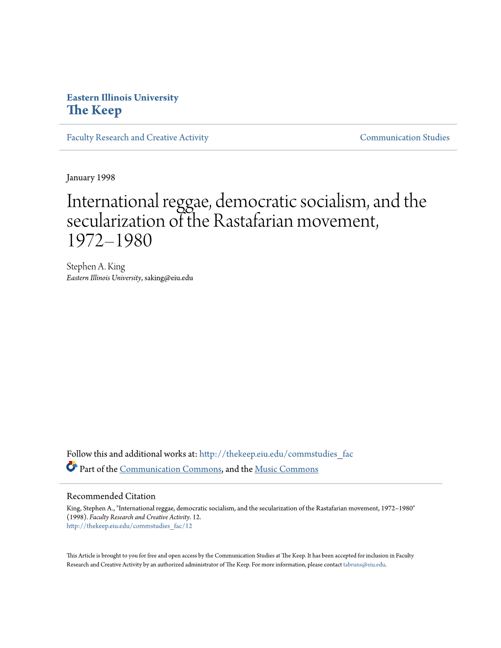 International Reggae, Democratic Socialism, and the Secularization of the Rastafarian Movement, 1972–1980 Stephen A