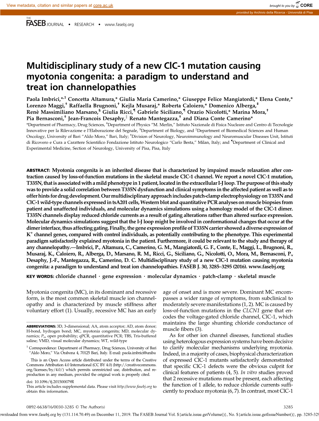 Multidisciplinary Study of a New Clc-1 Mutation Causing Myotonia Congenita