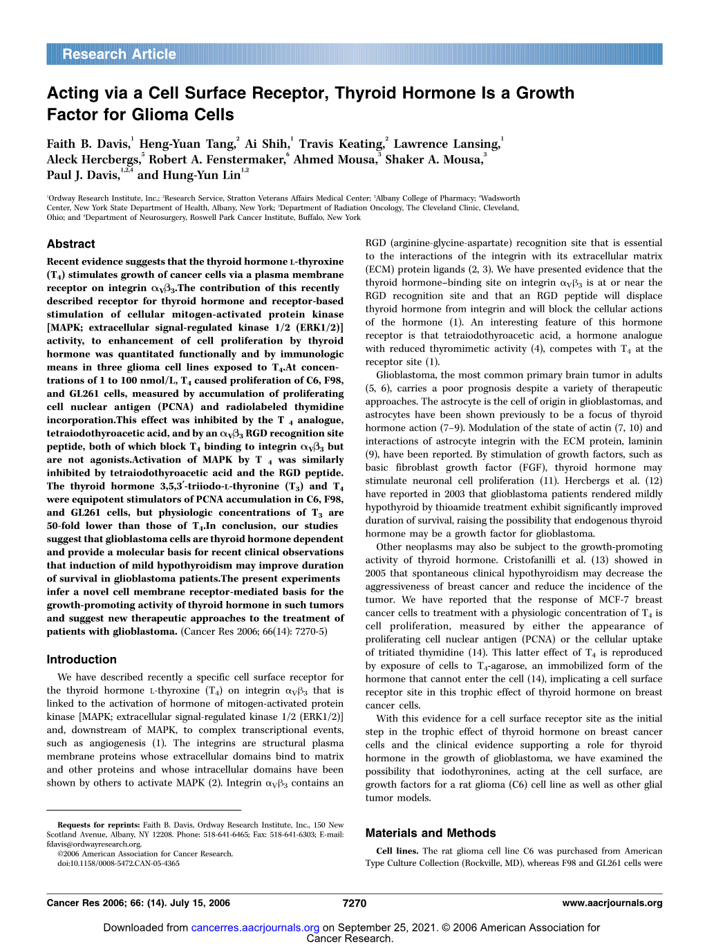 Acting Via a Cell Surface Receptor, Thyroid Hormone Is a Growth Factor for Glioma Cells