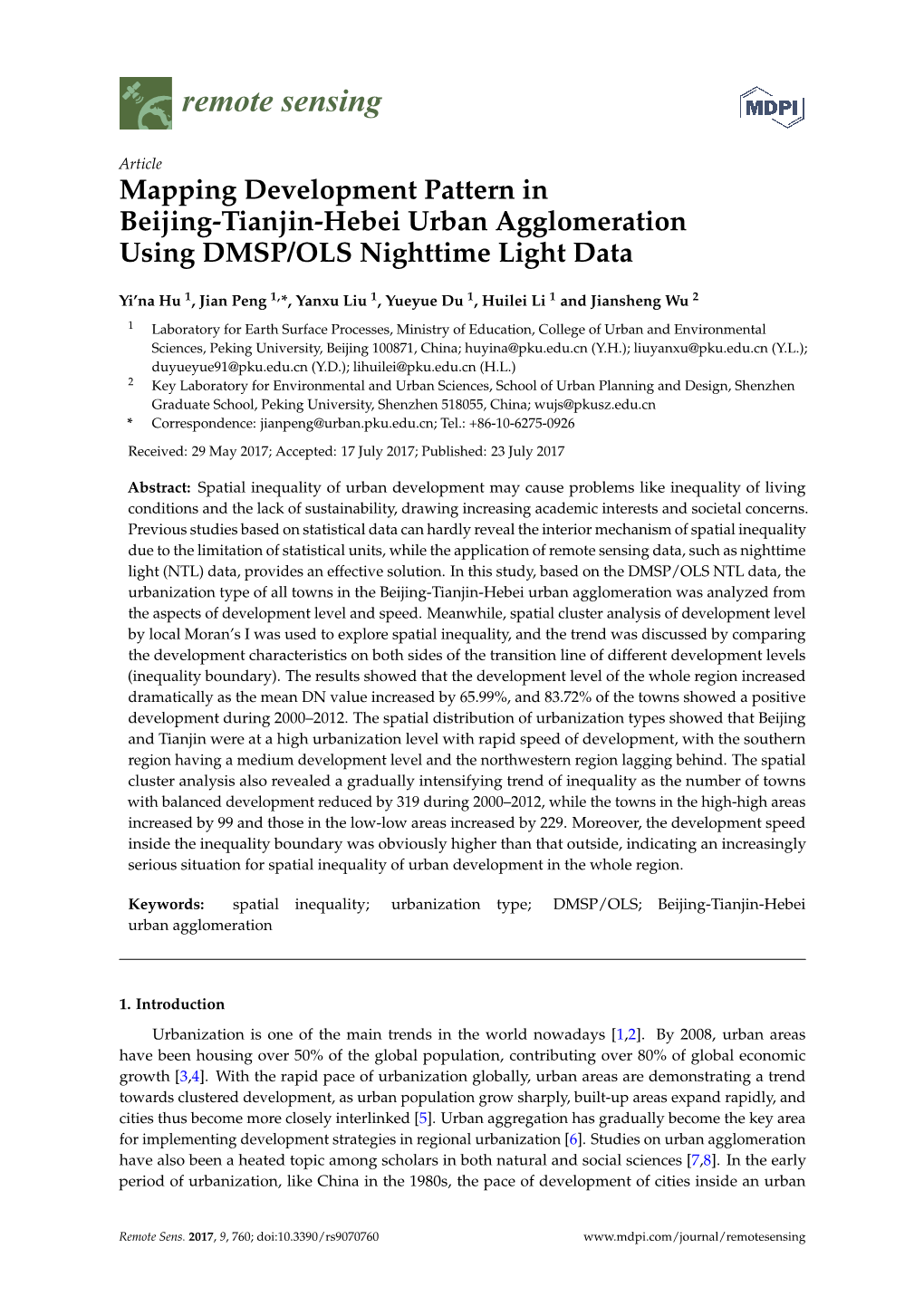 Mapping Development Pattern in Beijing-Tianjin-Hebei Urban Agglomeration Using DMSP/OLS Nighttime Light Data