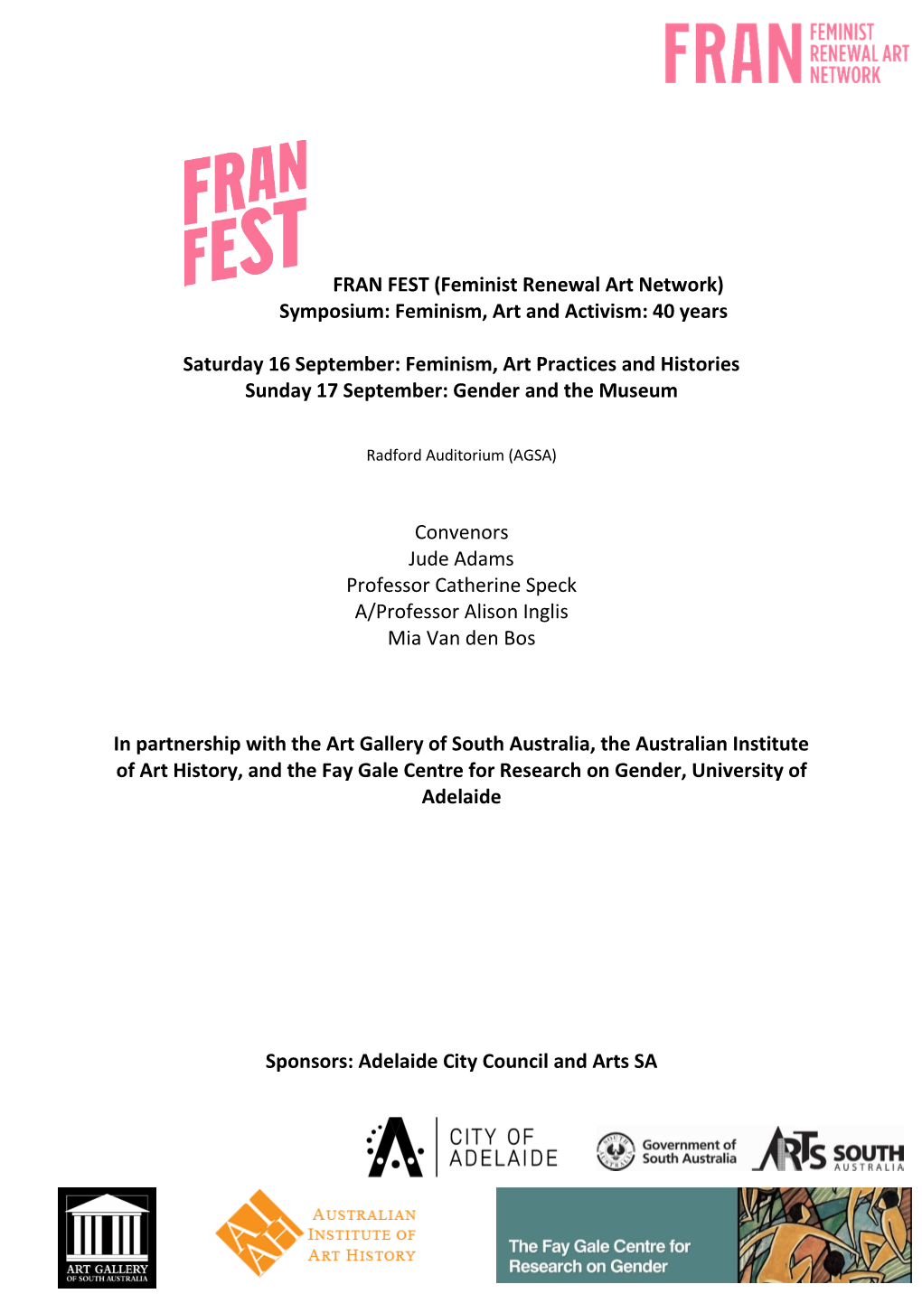 FRAN FEST (Feminist Renewal Art Network) Symposium: Feminism, Art and Activism: 40 Years Saturday 16 September: Feminism, Art Pr