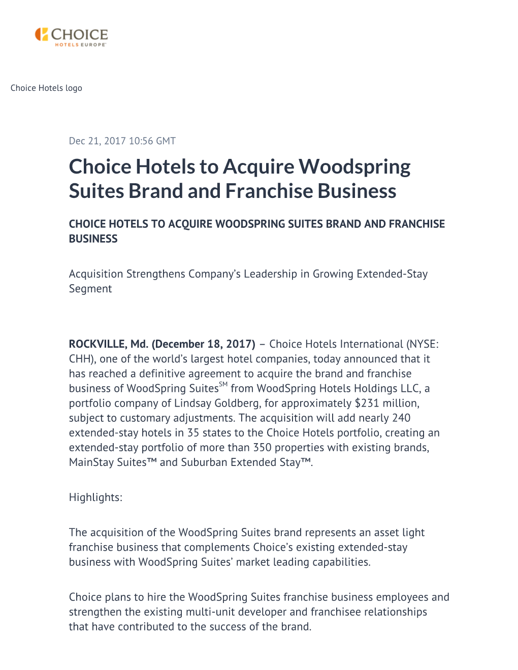 Choice Hotels to Acquire Woodspring Suites Brand and Franchise Business