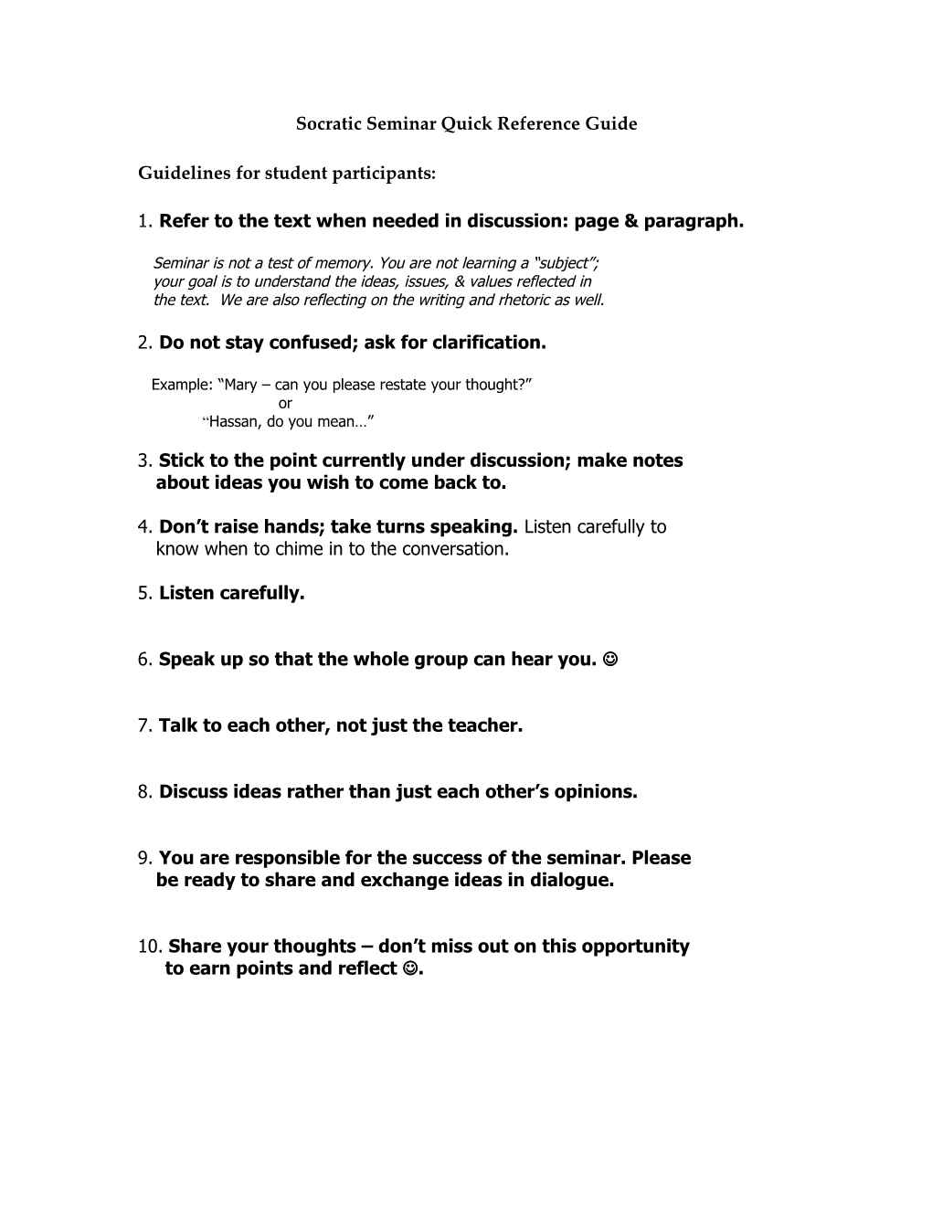 Socratic Seminar Quick Reference Guide