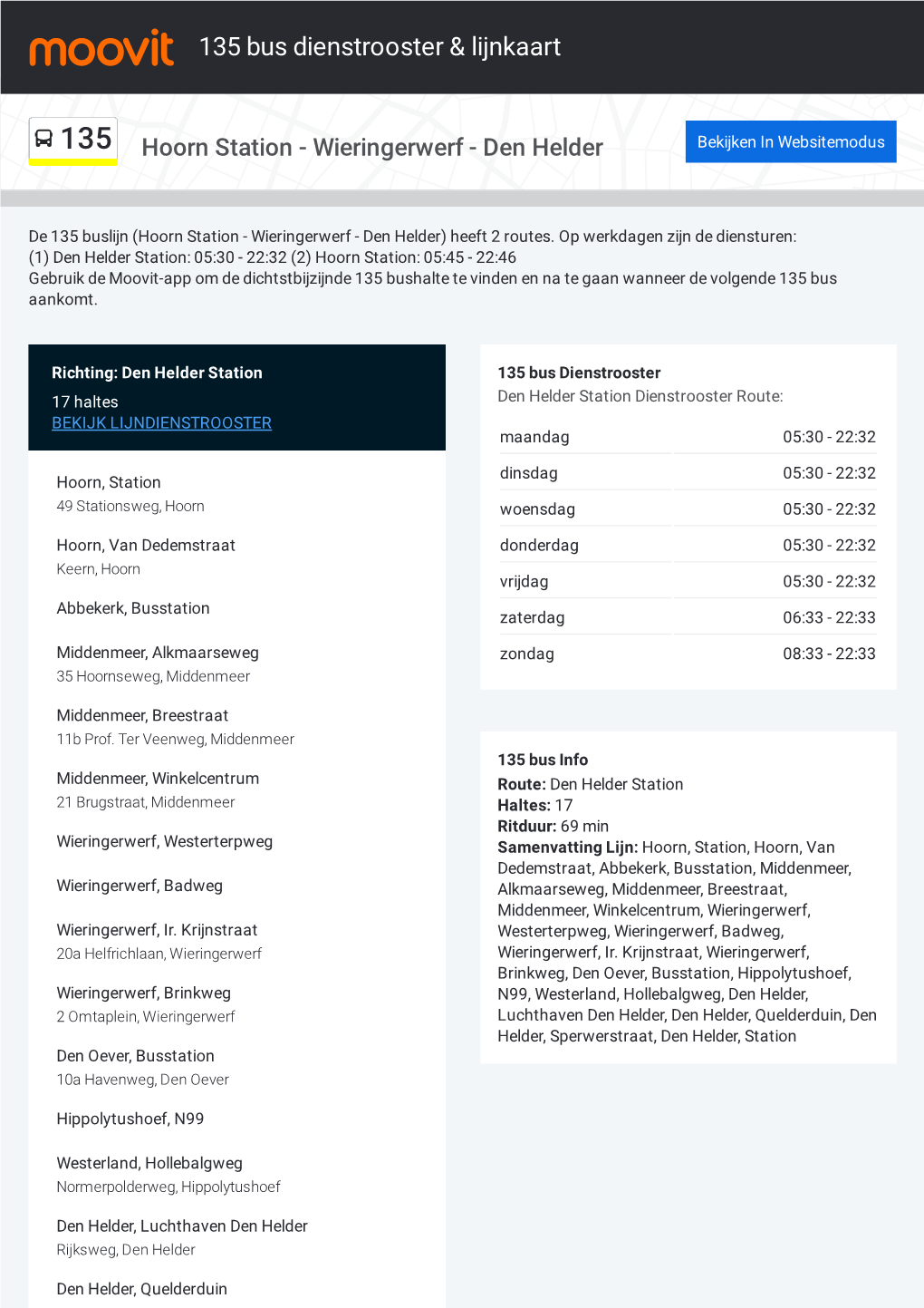 135 Bus Dienstrooster & Lijnroutekaart