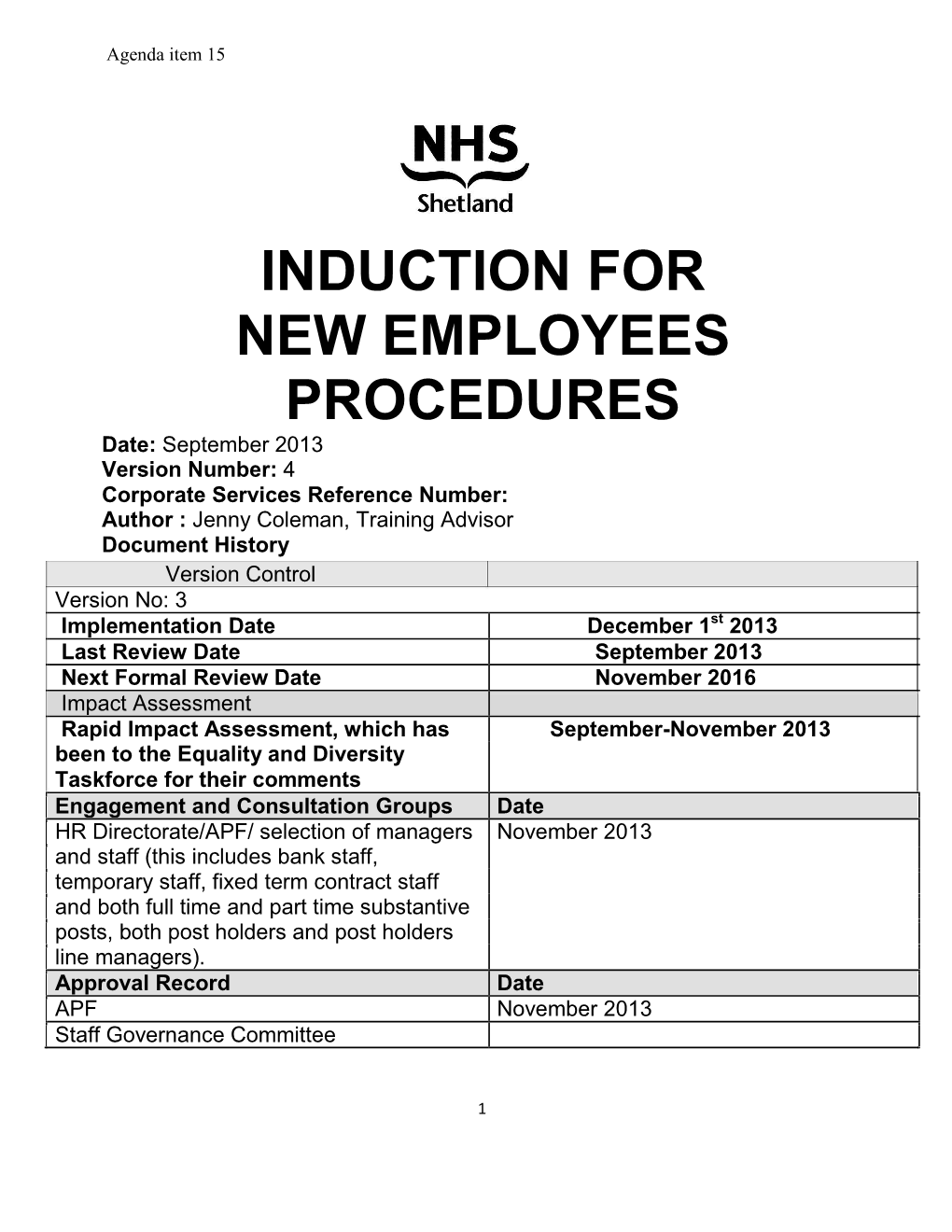 Induction for New Employees Procedures