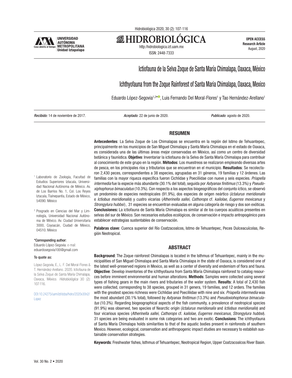 Hidrobiológica 2020, 30 (2): 107-116
