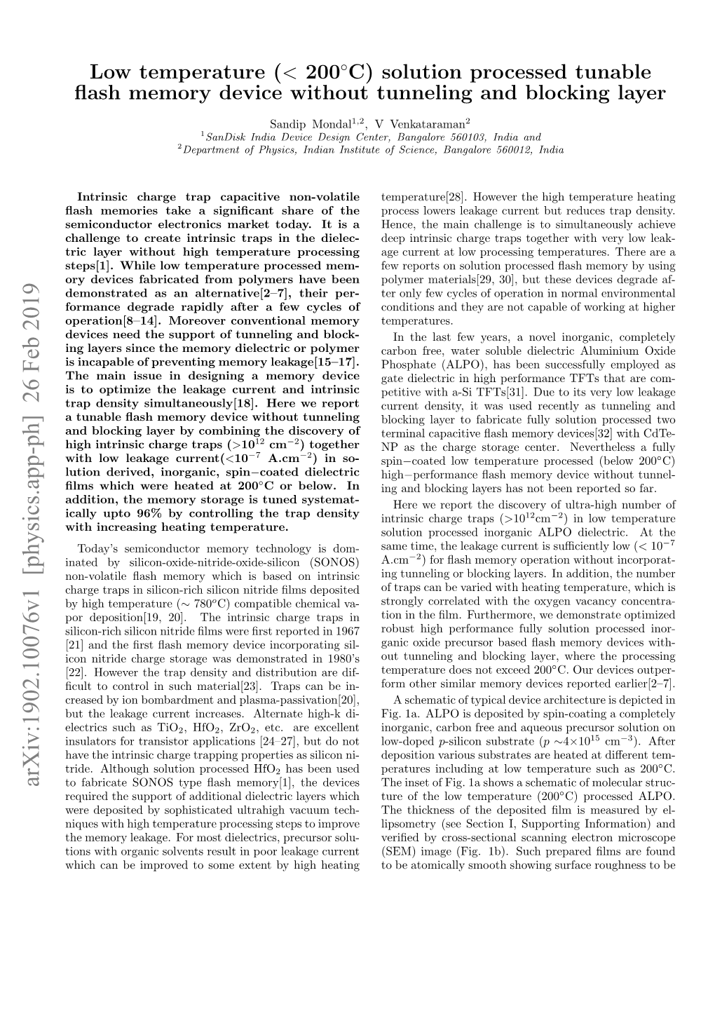 C) Solution Processed Tunable Flash Memory Device Without Tunneling