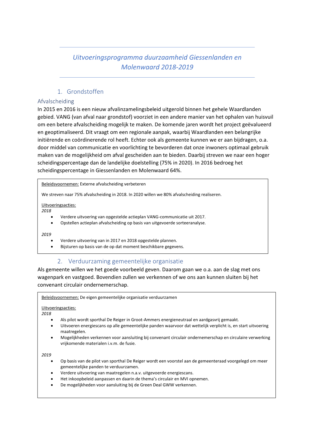 Uitvoeringsprogramma Duurzaamheid Giessenlanden En Molenwaard 2018-2019