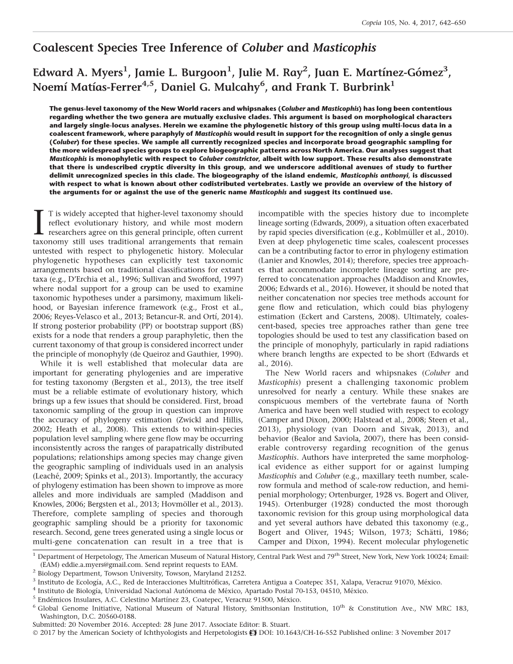 Coalescent Species Tree Inference of Coluber and Masticophis