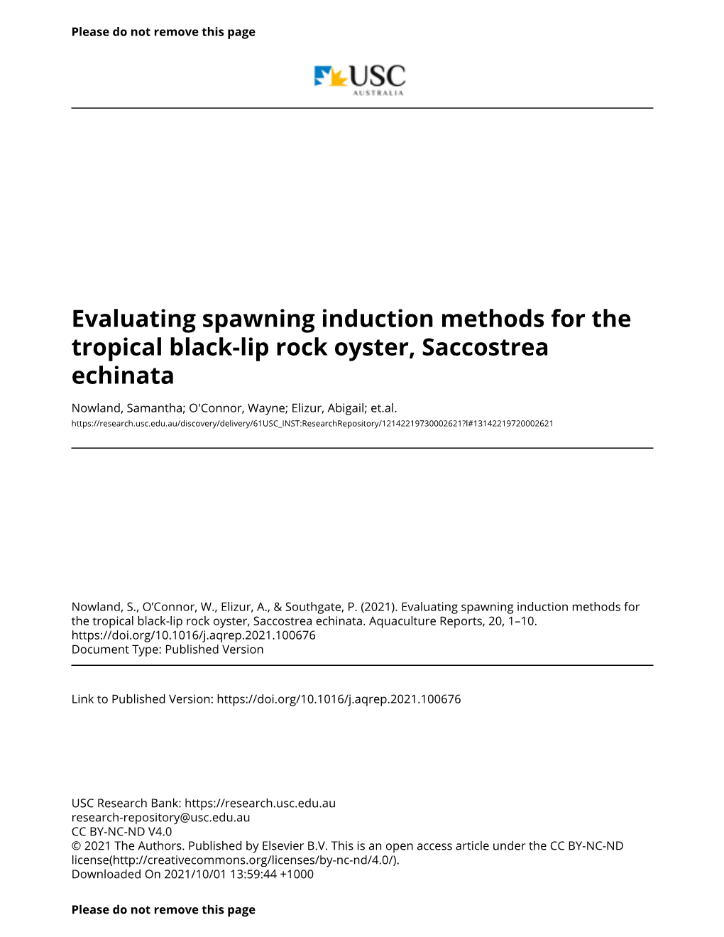 Evaluating Spawning Induction Methods for the Tropical Black-Lip Rock Oyster, Saccostrea Echinata