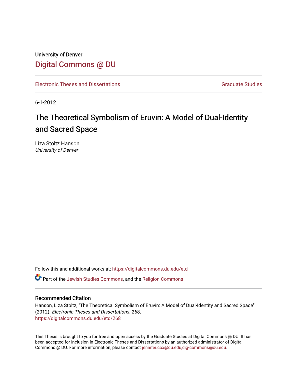 The Theoretical Symbolism of Eruvin: a Model of Dual-Identity and Sacred Space