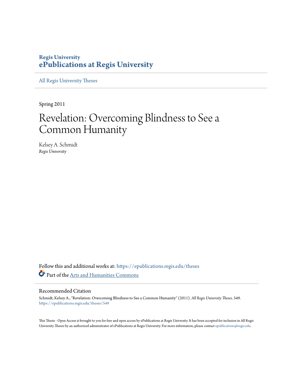 Revelation: Overcoming Blindness to See a Common Humanity Kelsey A