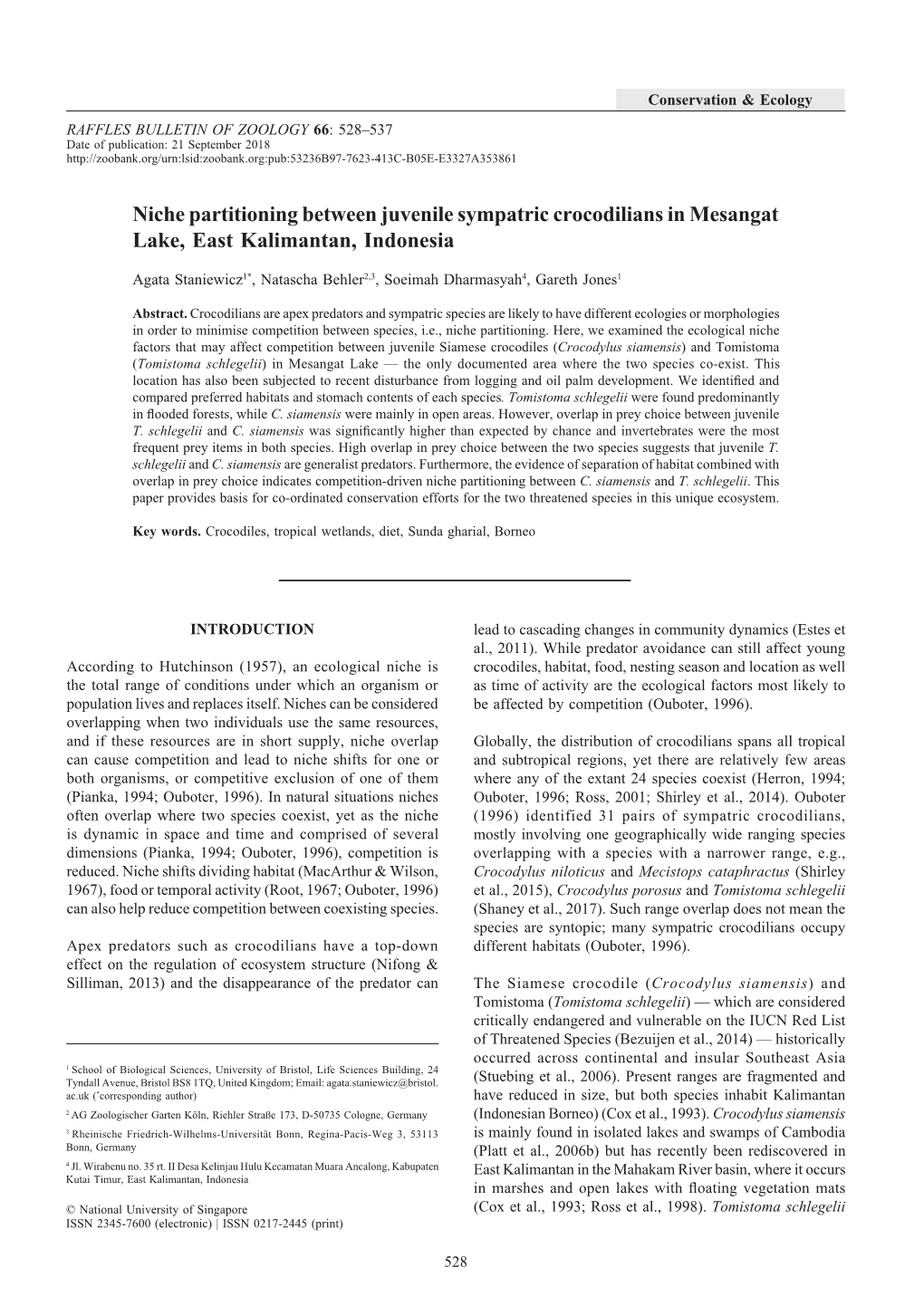 Niche Partitioning Between Juvenile Sympatric Crocodilians in Mesangat Lake, East Kalimantan, Indonesia