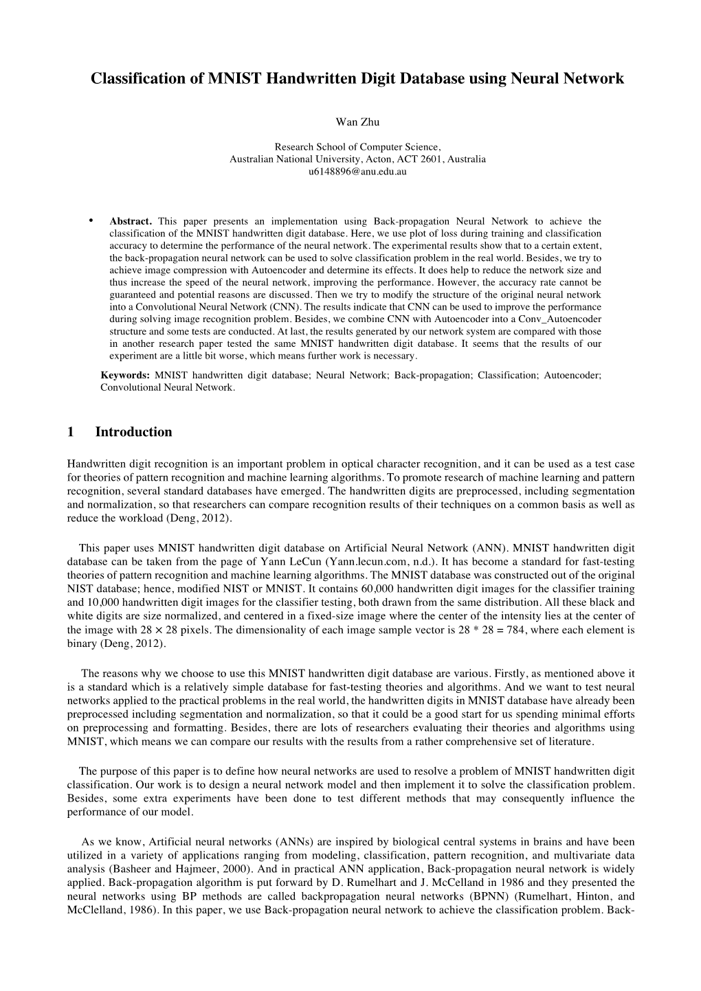 Classification of MNIST Handwritten Digit Database Using Neural Network