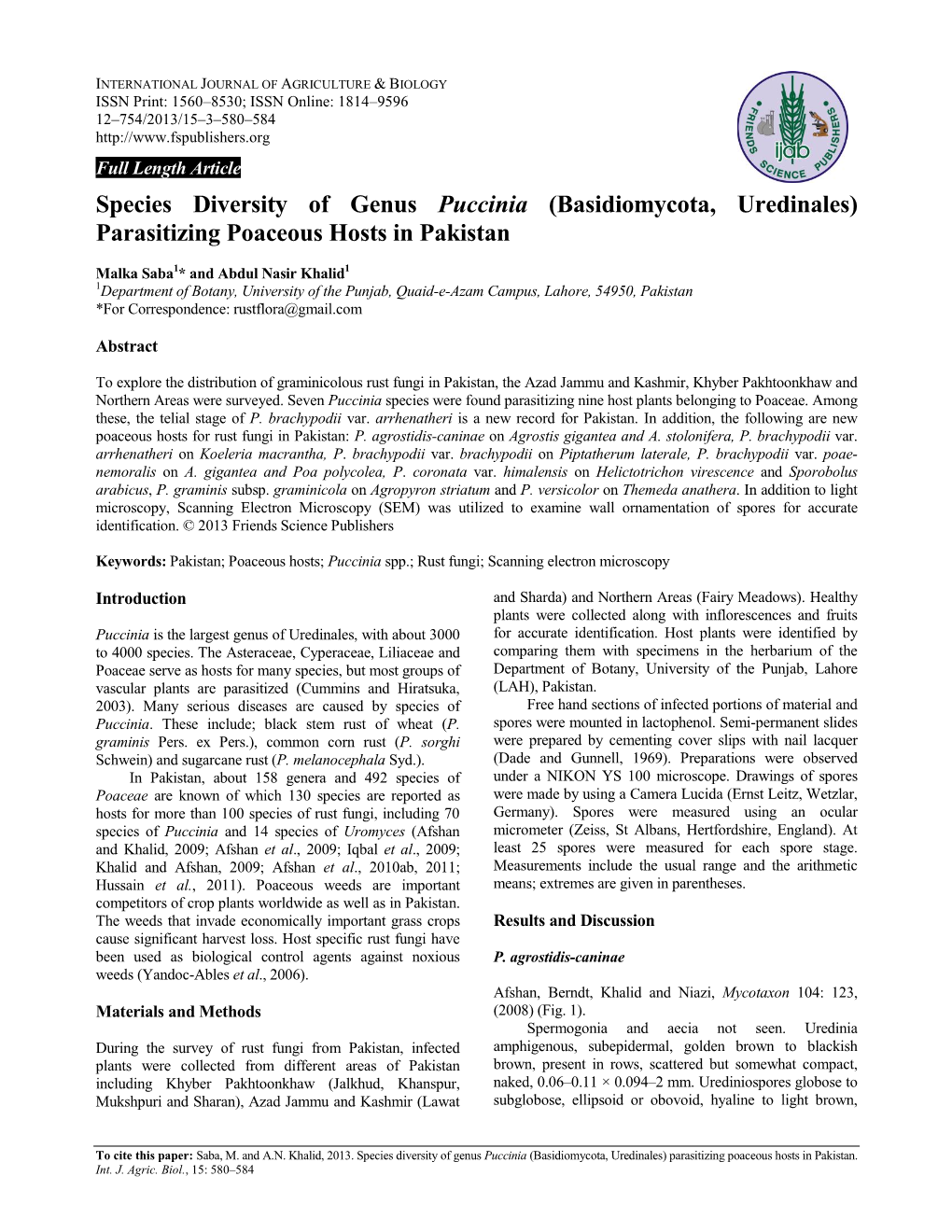 Species Diversity of Genus Puccinia (Basidiomycota, Uredinales) Parasitizing Poaceous Hosts in Pakistan