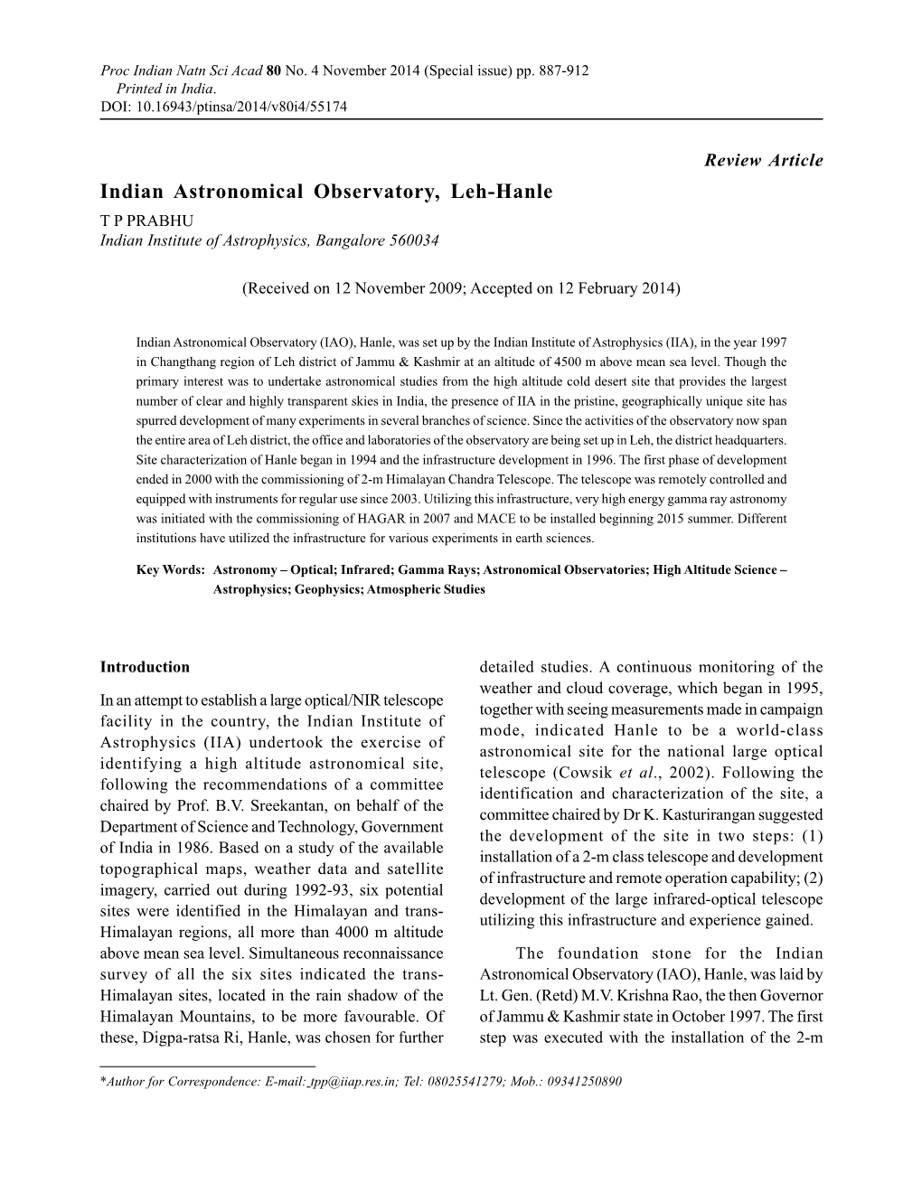 Indian Astronomical Observatory, Leh-Hanle T P PRABHU Indian Institute of Astrophysics, Bangalore 560034