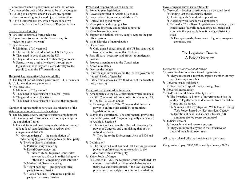 The Legislative Branch a Broad Overview