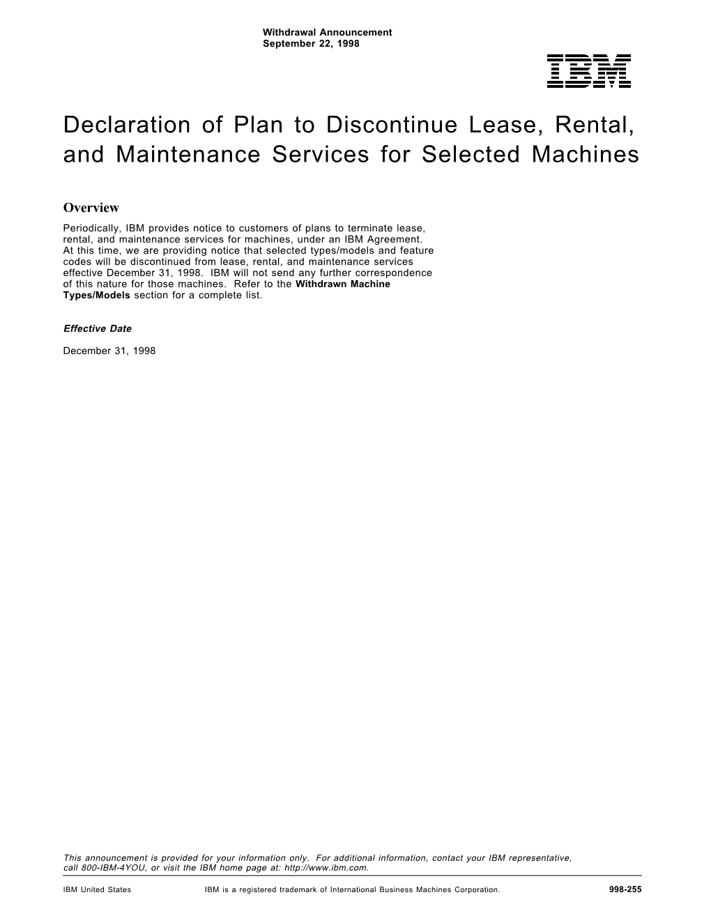 Declaration of Plan to Discontinue Lease, Rental, and Maintenance Services for Selected Machines