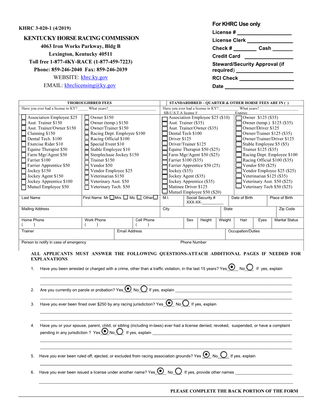 KHRC License Application